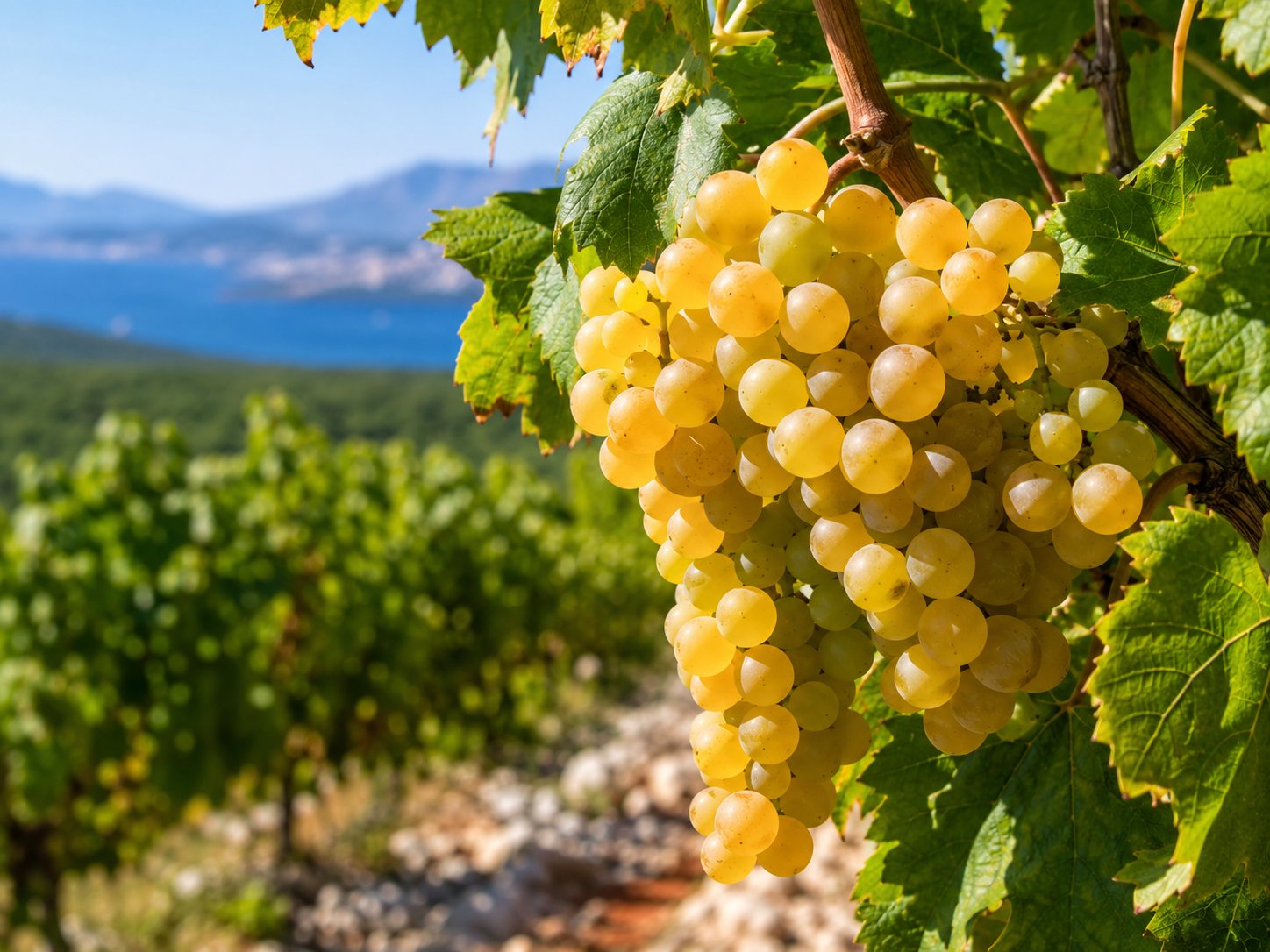 Racimo de uva Pošip blanca madurando en un viñedo de Korčula