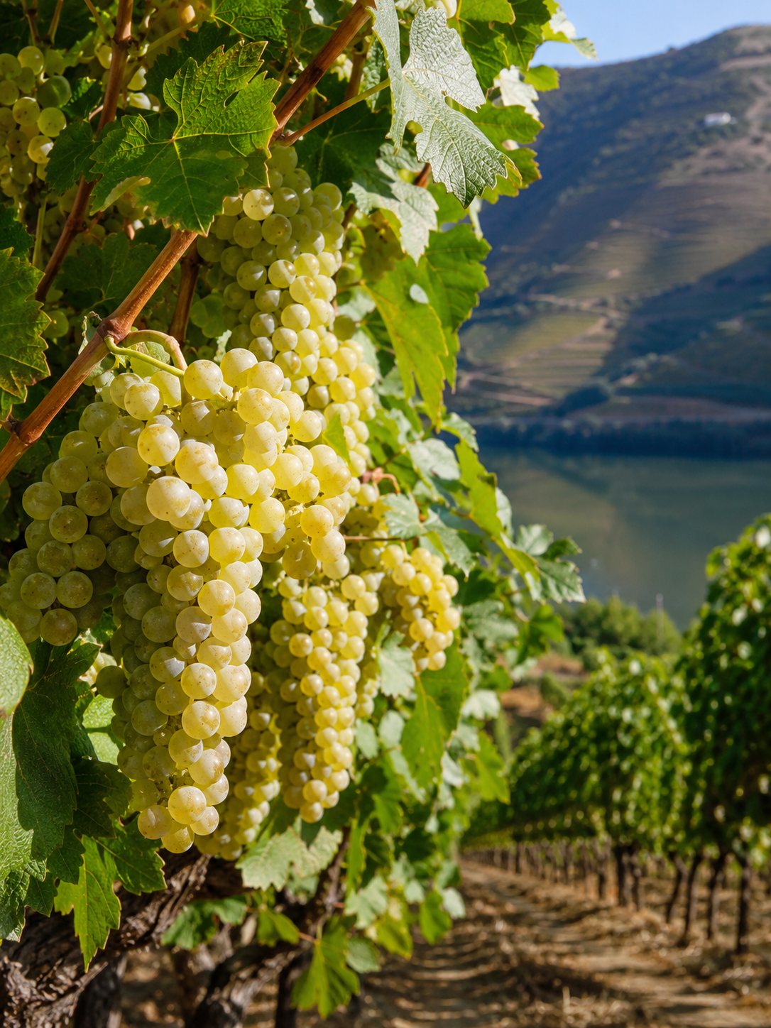 Racimos maduros de uva blanca Rabigato en un viñedo del Douro