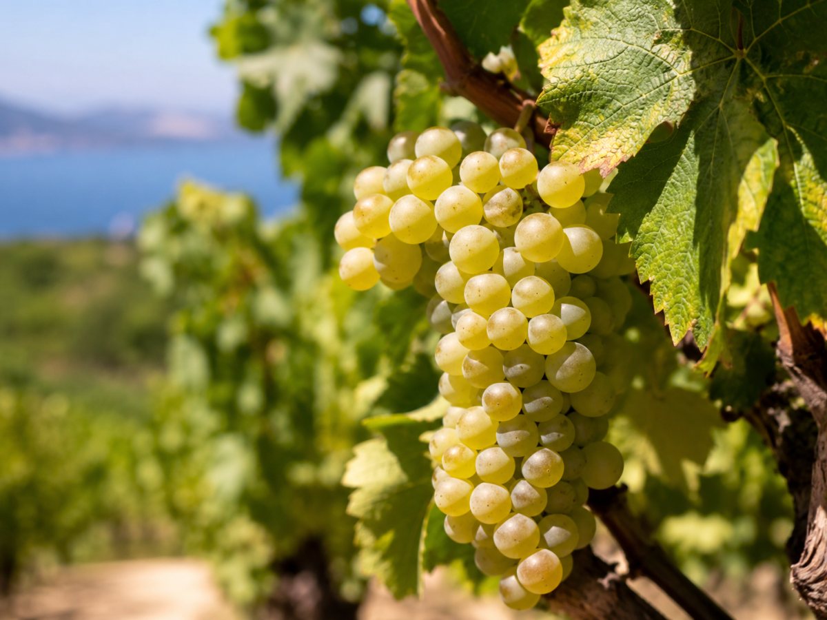 Racimo de uva Robola blanca madurando en un viñedo de Cefalonia