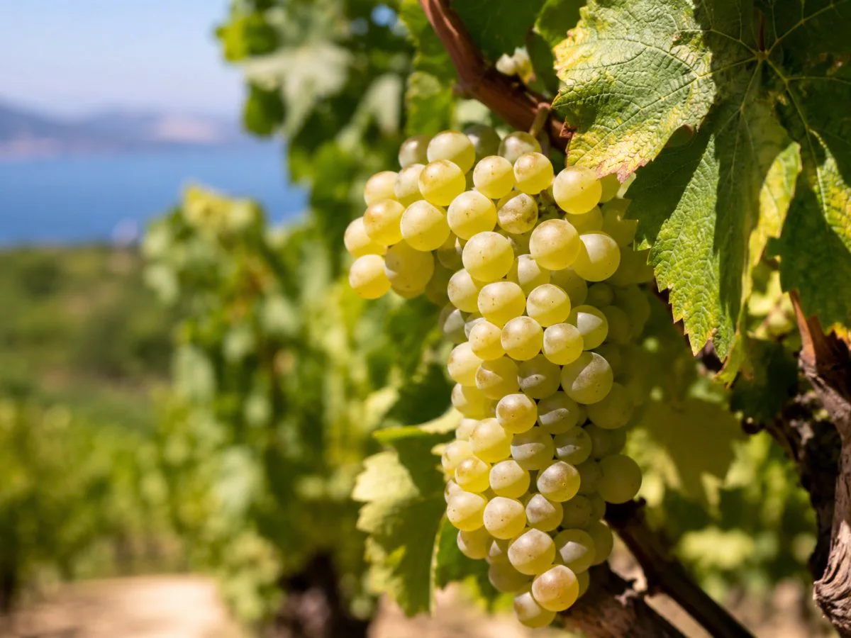 Racimo de uva Robola blanca madurando en un viñedo de Cefalonia