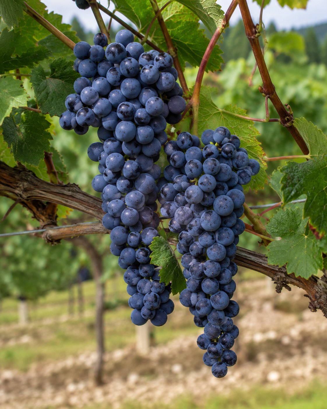 Racimos maduros de uva Rondinella en una cepa de Valpolicella