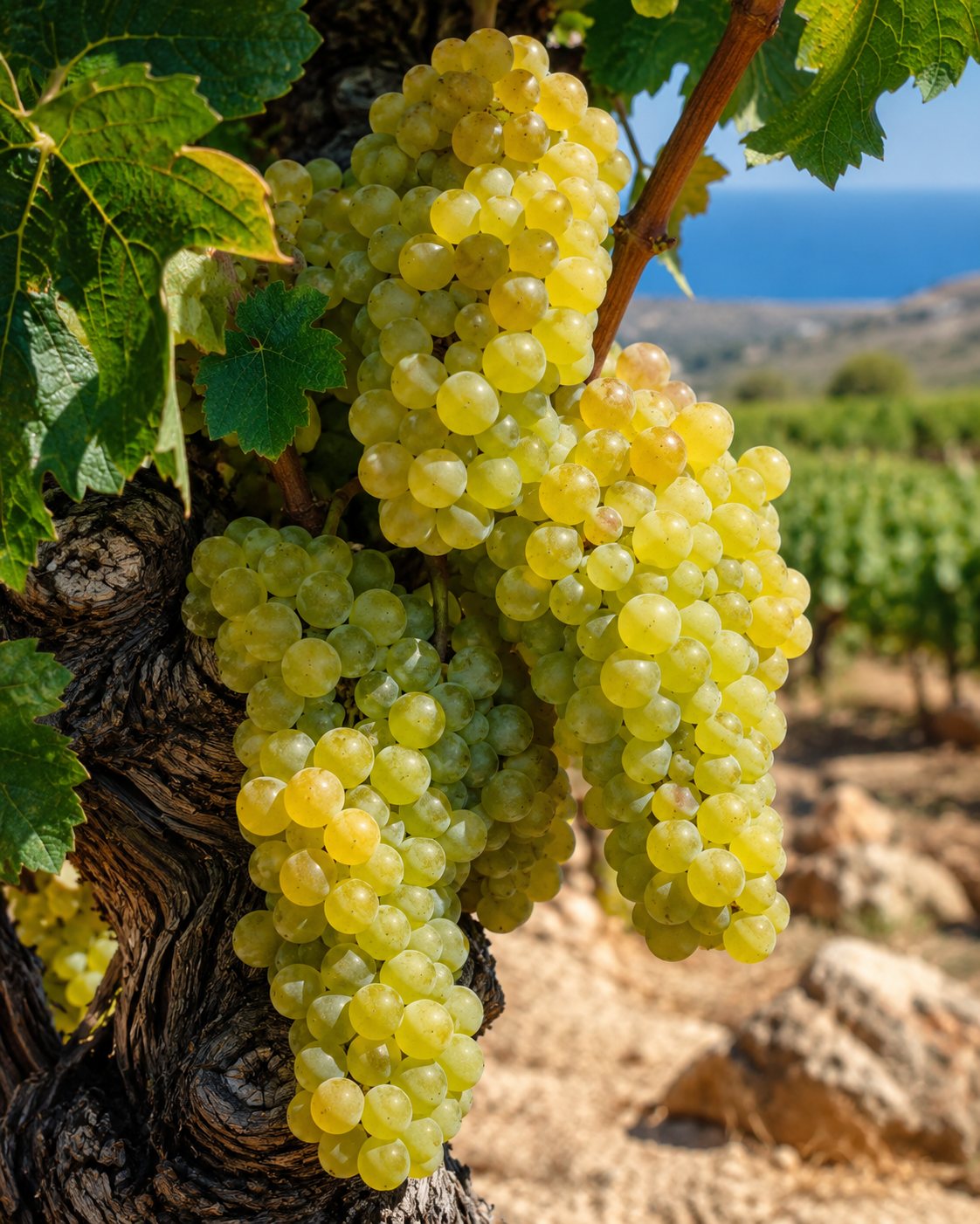 Racimos maduros de uva blanca Vidiano en una viña de Creta