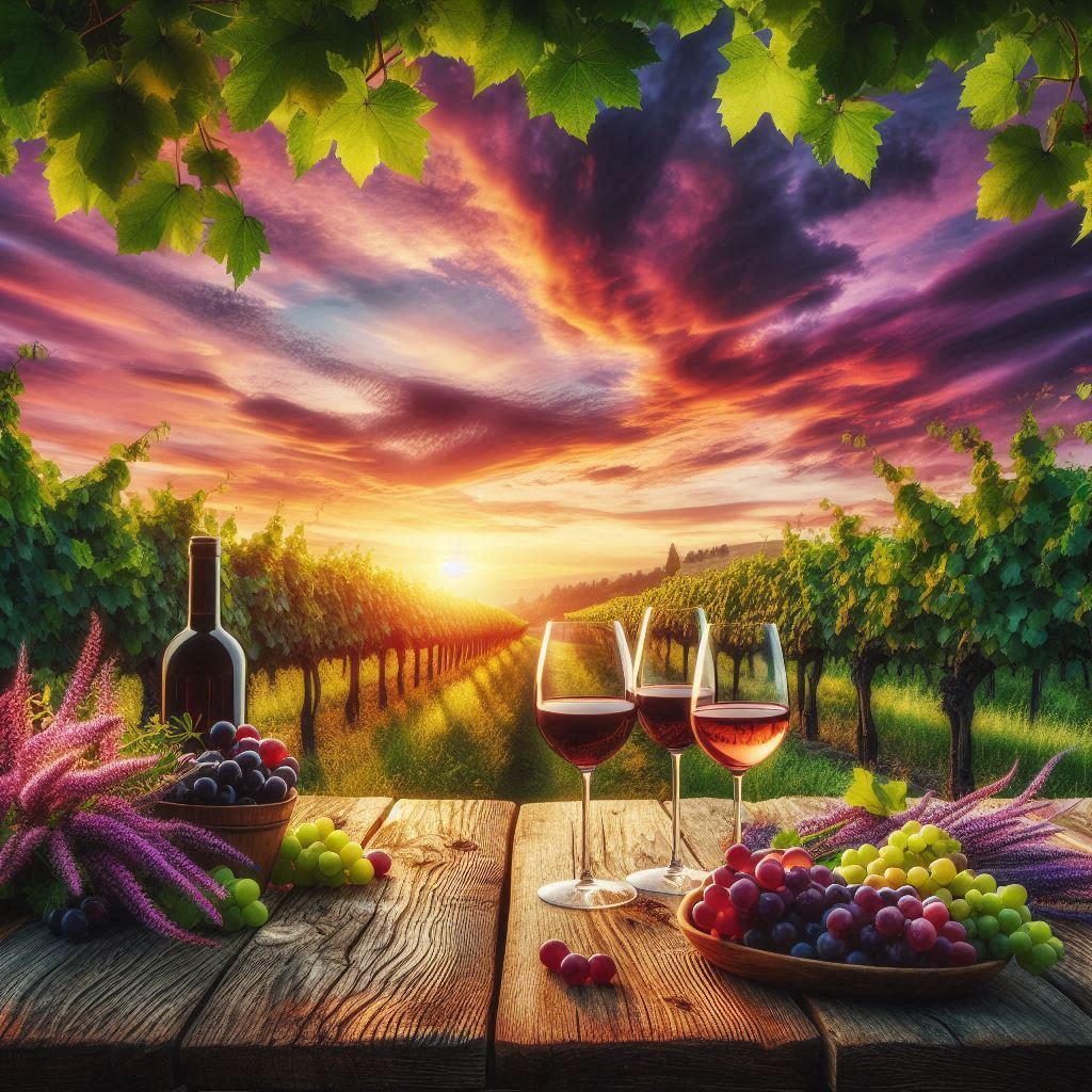 Viñedo con copas de vino: el recorrido del vino desde la vid hasta la copa
