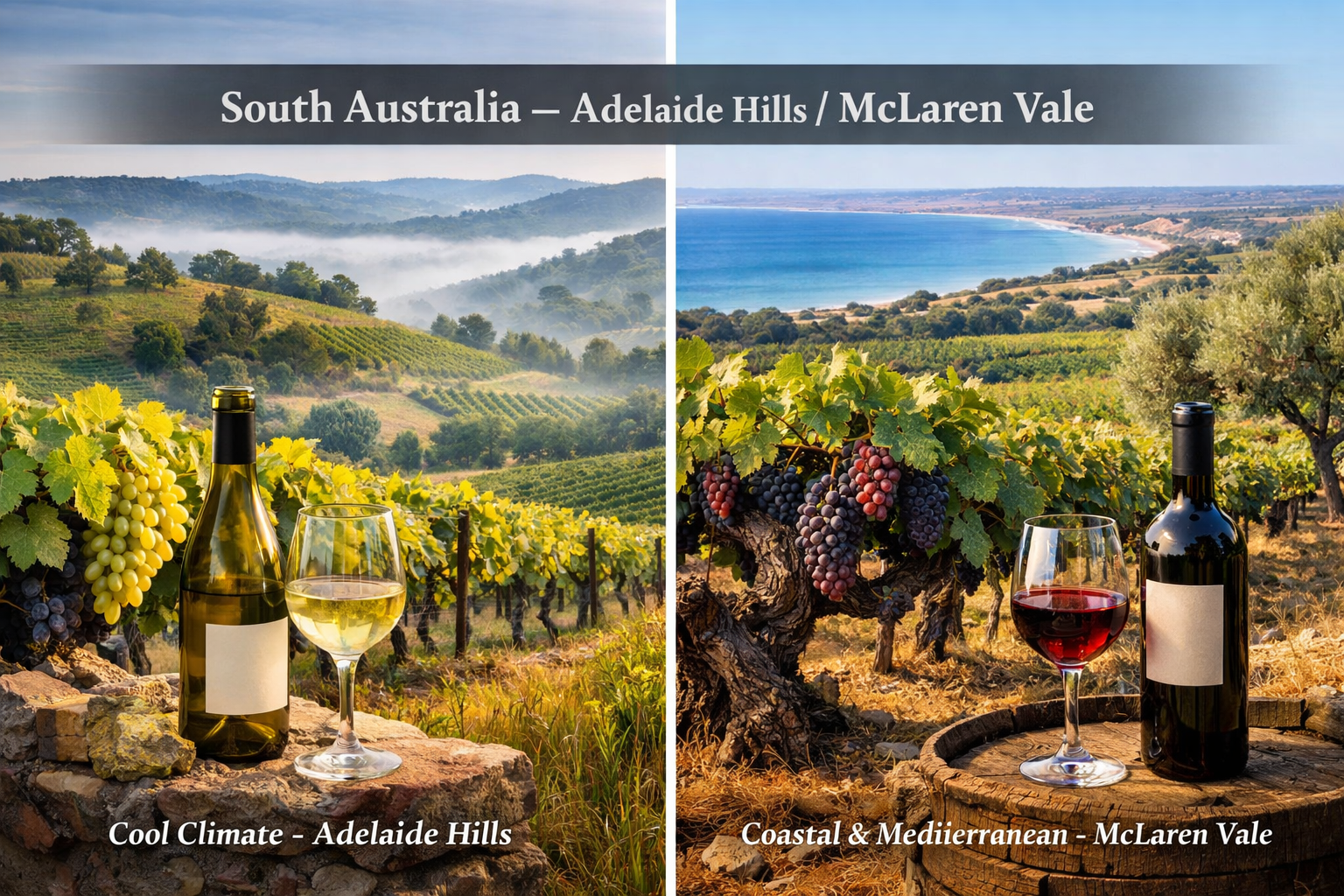Viñedos de Adelaide Hills y McLaren Vale entre colinas y cercanía marítima