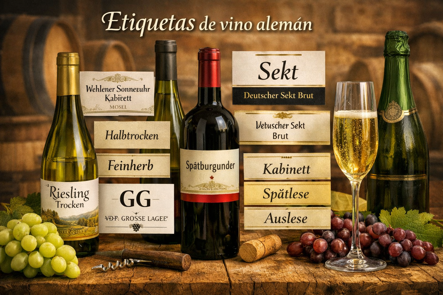 Botellas alemanas con ejemplos de Riesling, trocken, Kabinett, Spätlese, Auslese y número de control