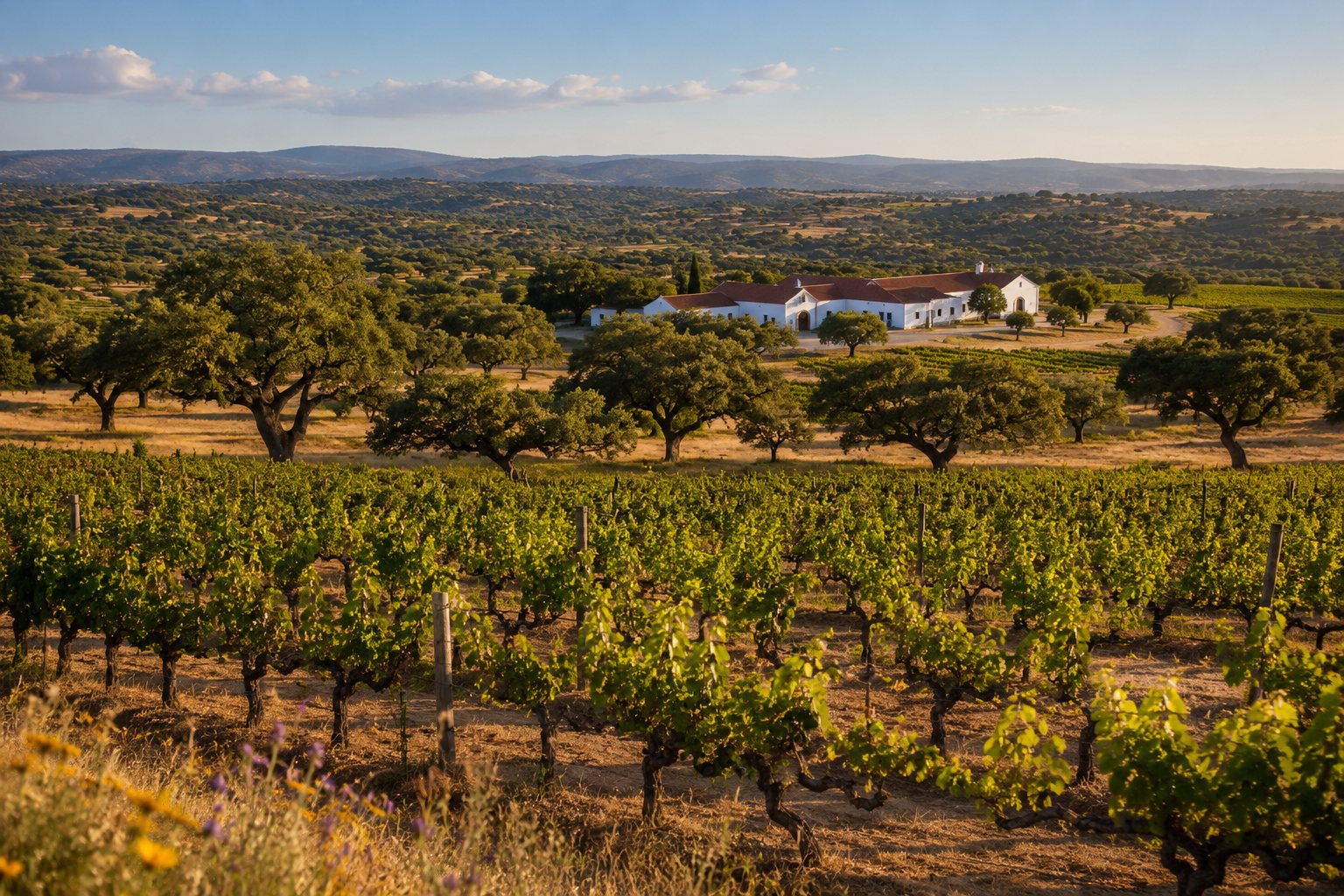 Viñedos de Alentejo entre llanuras, encinas, pueblos blancos y colinas