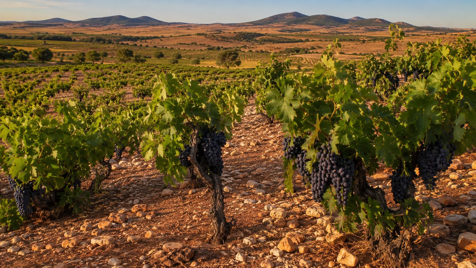 Viñedos de Garnacha Tintorera y Monastrell en Almansa con paisaje seco del sureste de Albacete