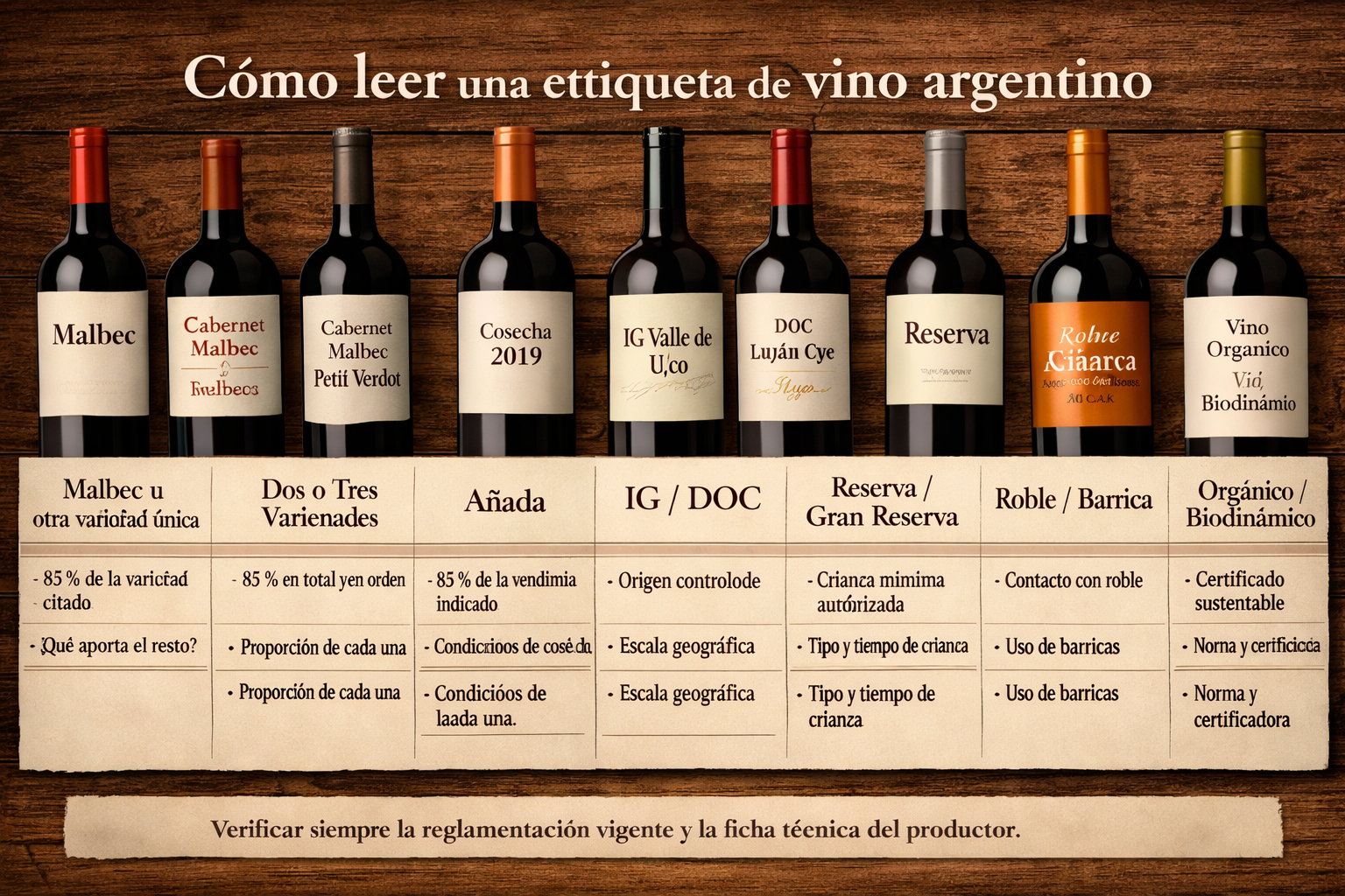 Botellas argentinas con indicaciones para interpretar origen, variedad, añada y crianza