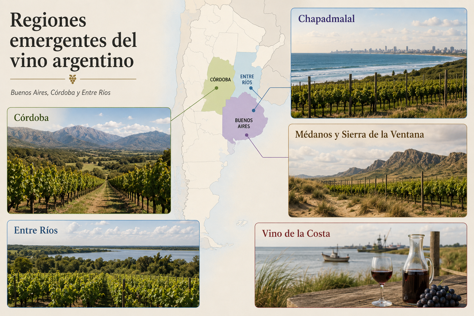Viñedos emergentes de Argentina cerca del Atlántico y de paisajes serranos