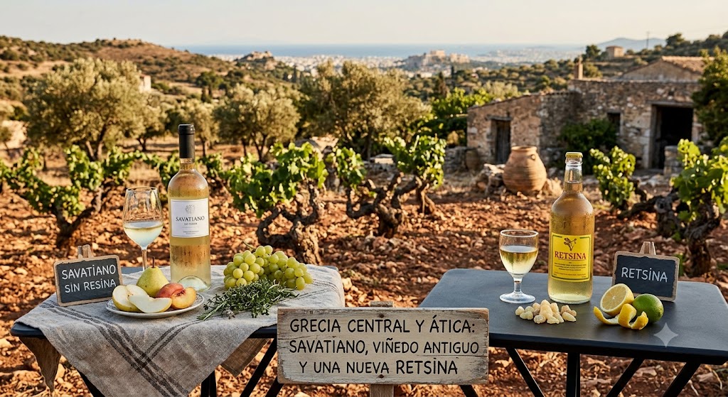 Viñedos de Savatiano en Ática con pinos, colinas secas y una copa de retsina moderna