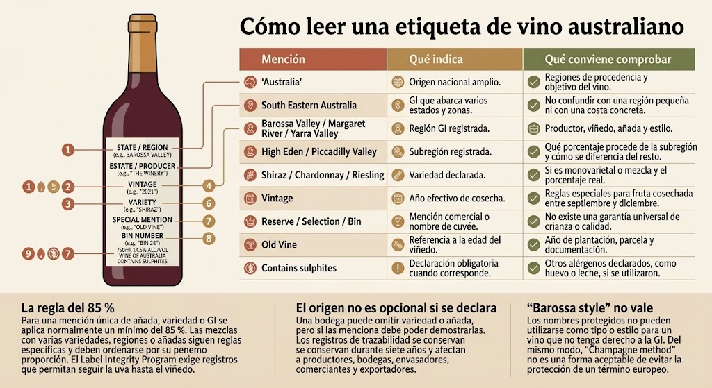 Etiquetas de vino australiano con GI, variedad, añada y origen
