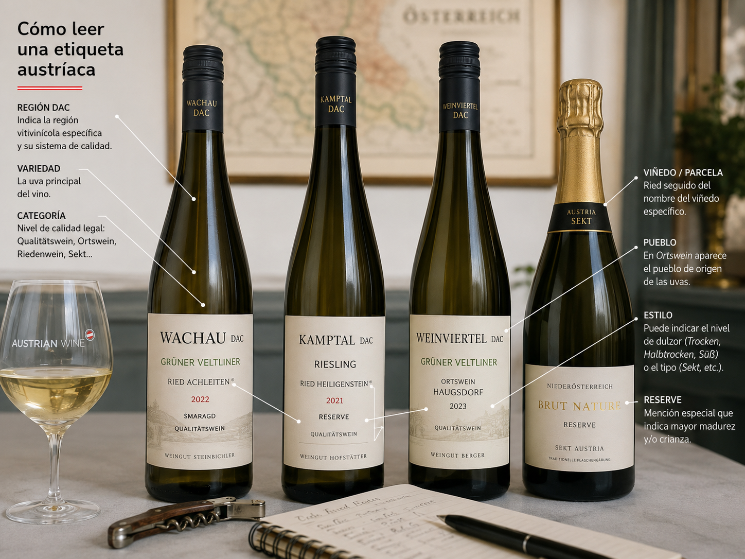 Botellas austriacas con ejemplos de DAC, Grüner Veltliner, Riedenwein y banderola oficial