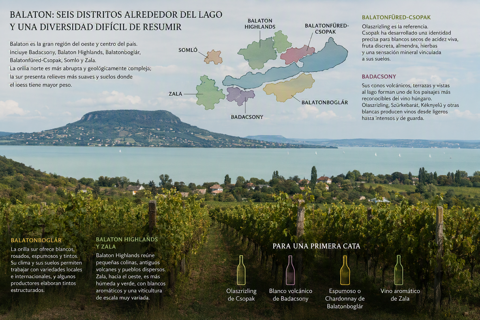 Viñedos de Olaszrizling junto al lago Balaton y las colinas volcánicas de su orilla norte
