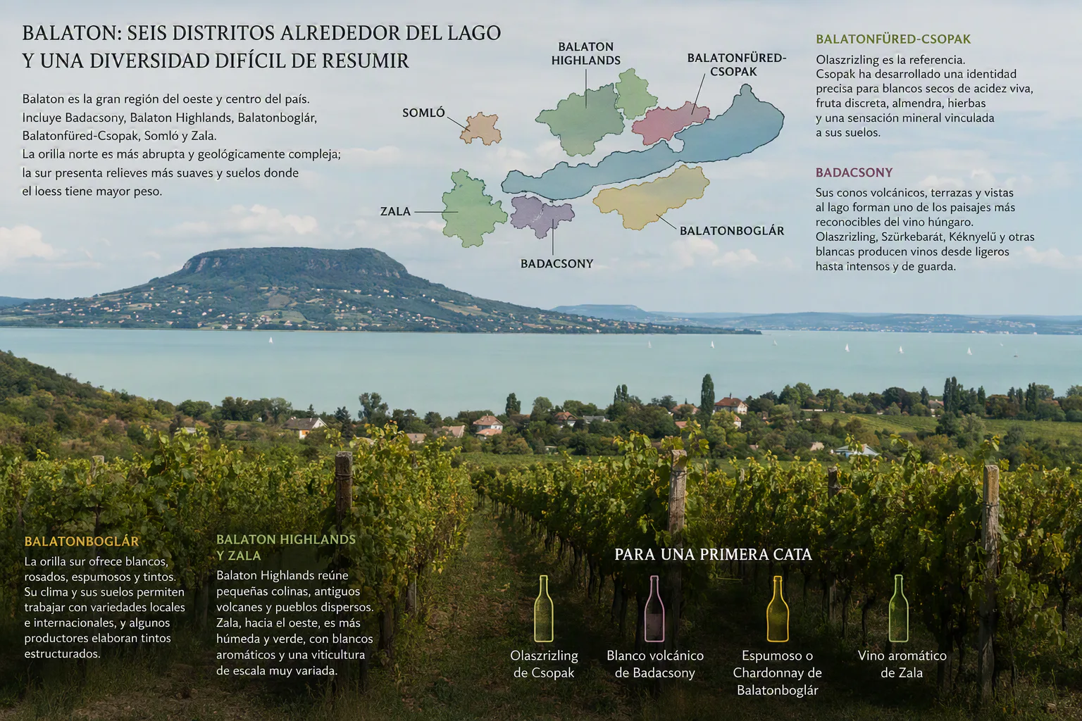 Viñedos de Olaszrizling junto al lago Balaton y las colinas volcánicas de su orilla norte