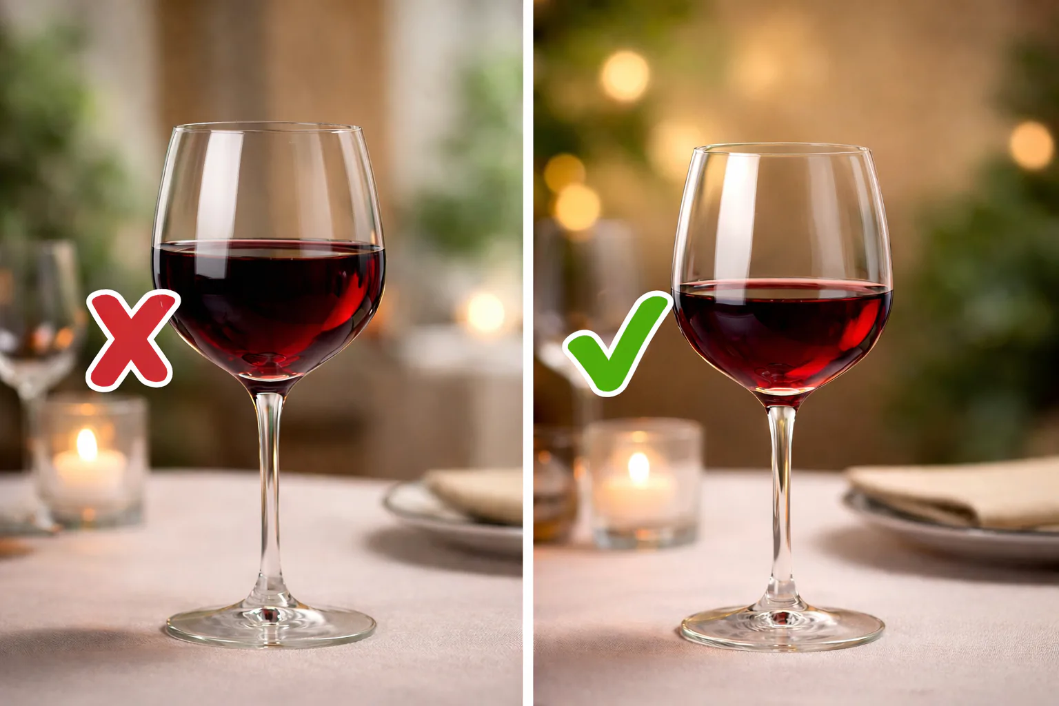 Cantidad correcta de vino tinto servida en copa, por debajo del punto más ancho del cáliz