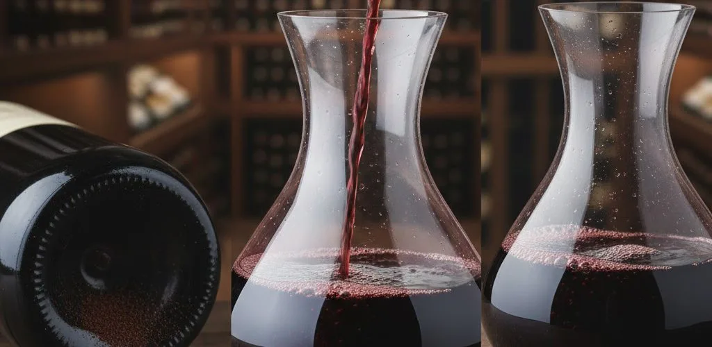 Vino tinto servido en un decantador de cristal sobre una mesa preparada