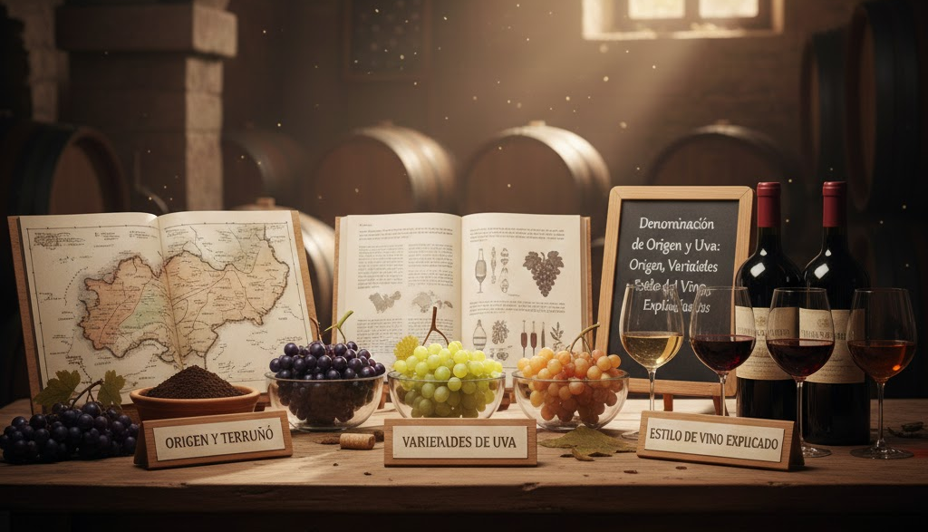 Etiquetas de vino con denominación de origen, variedad de uva y añada
