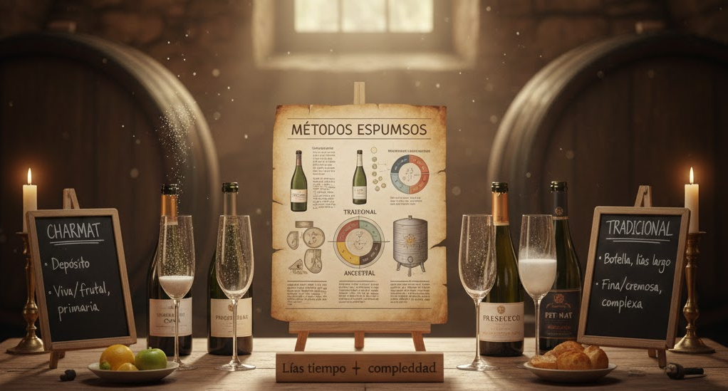 Copas de vino espumoso con burbujas finas y botellas elaboradas por distintos métodos