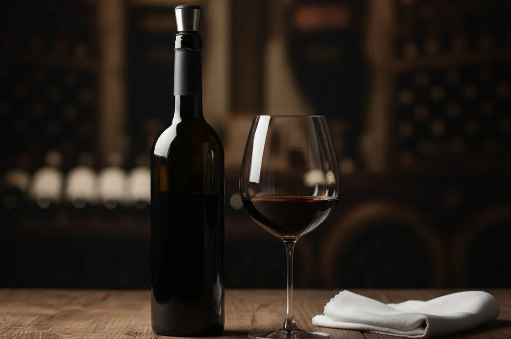 Botella de vino abierta con tapón de conservación y una copa servida
