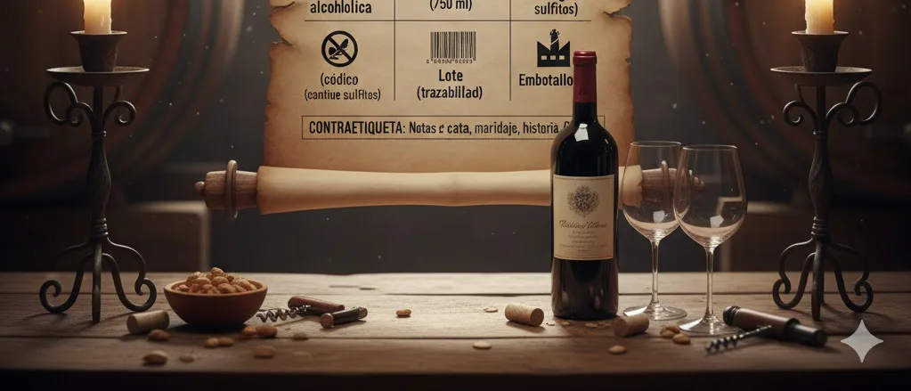 Etiqueta de vino con datos de origen, productor, añada, variedad, alcohol y crianza