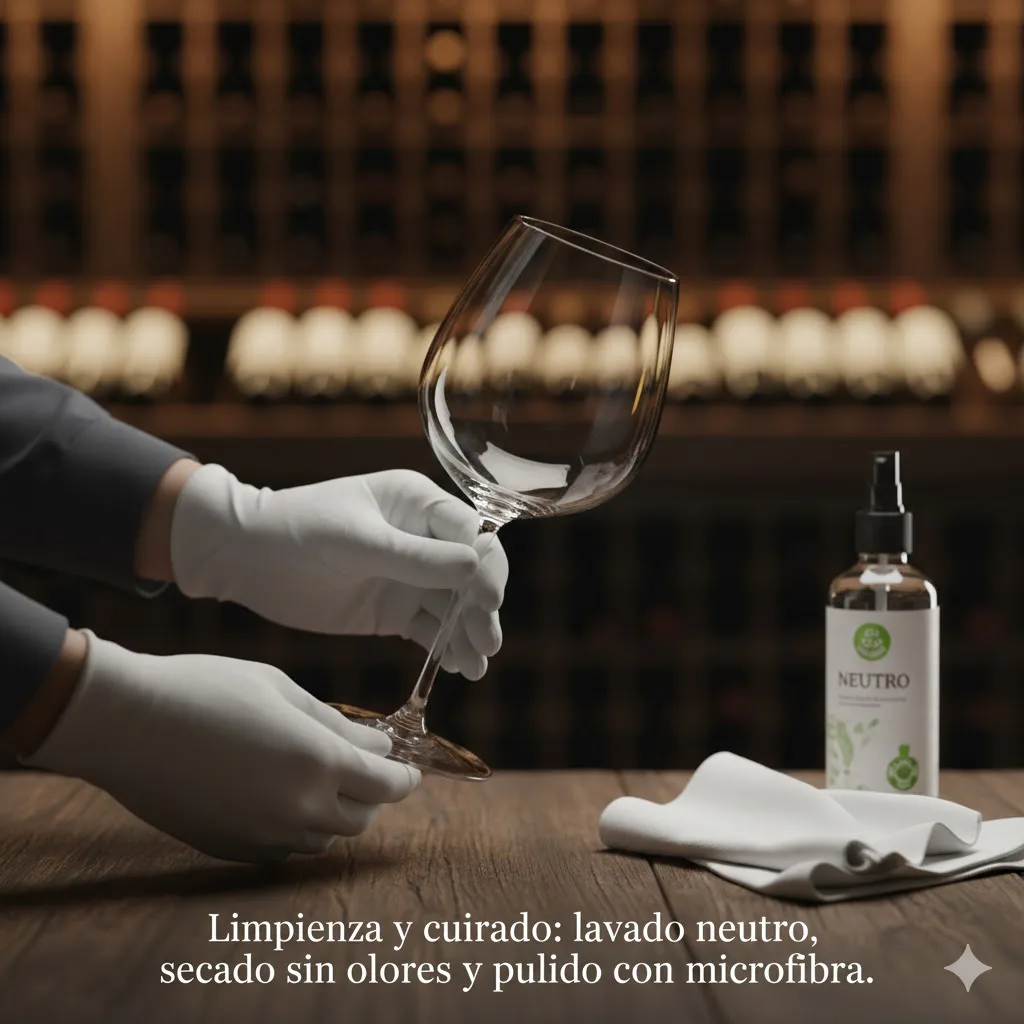 Limpieza y cuidado de copas de vino con lavado neutro, secado sin olores y pulido con microfibra