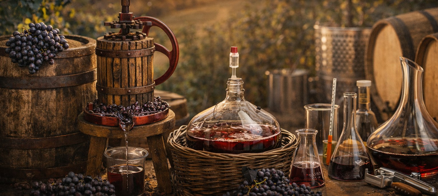 Vinicultura: recepción, fermentación, crianza y embotellado del vino en bodega