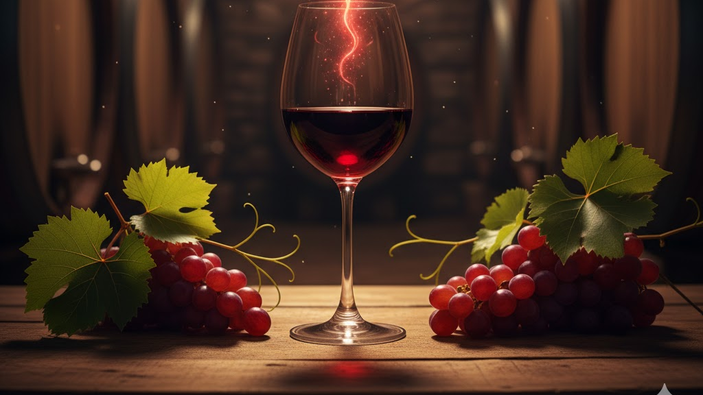 Vino y salud: copa de vino tinto, uvas y alimentación mediterránea