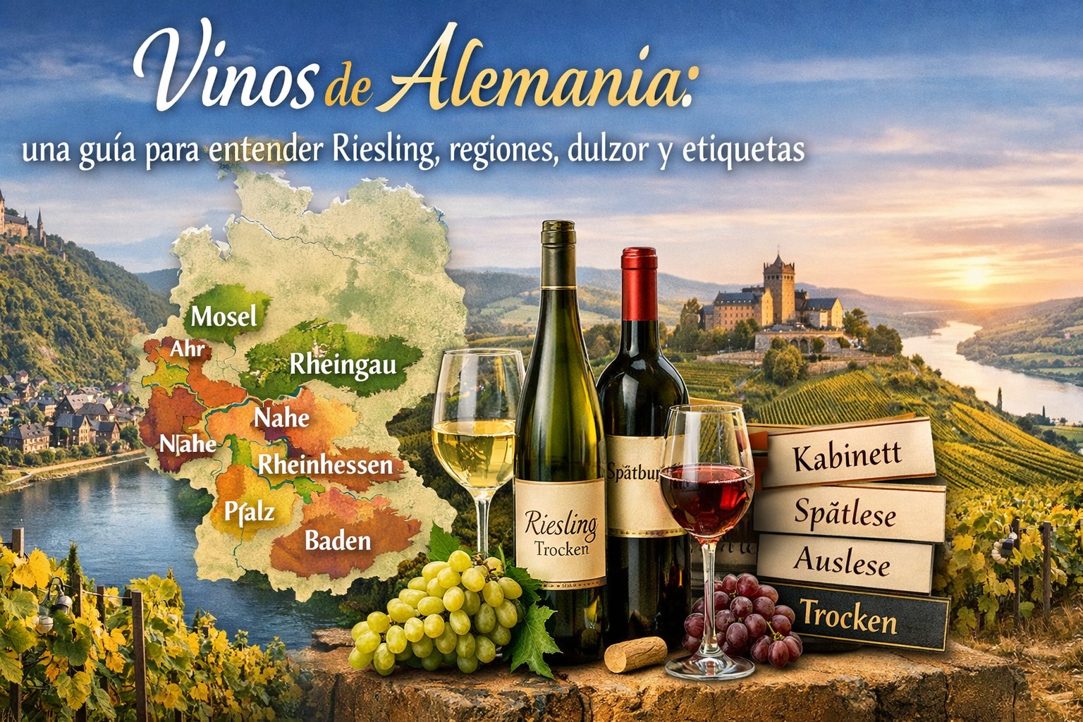 Viñedos de Alemania en laderas junto a ríos, pueblos, castillos y bosques