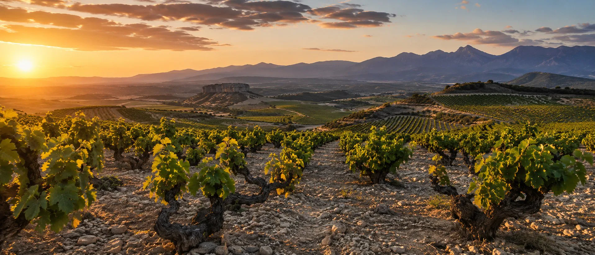 Viñedos de Aragón al atardecer con paisaje de interior, Garnacha y zonas vitivinícolas aragonesas