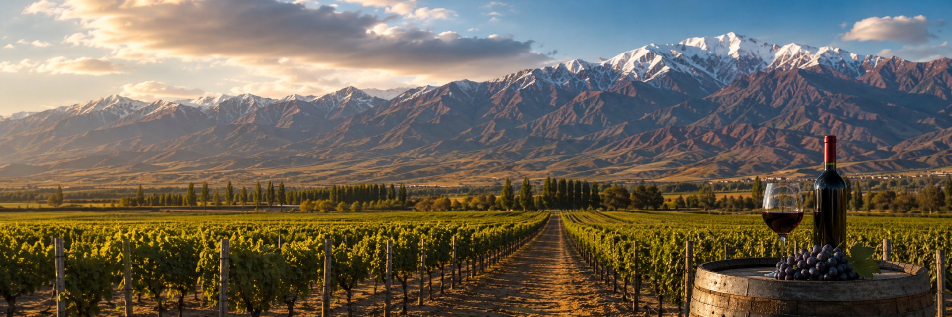 Viñedos argentinos al pie de los Andes con montañas nevadas y luz de atardecer
