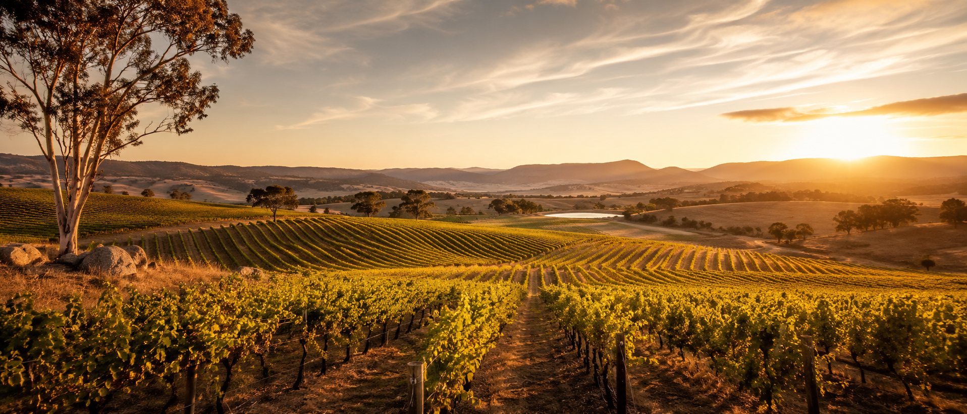 Viñedos australianos entre colinas, eucaliptos y un paisaje de clima seco