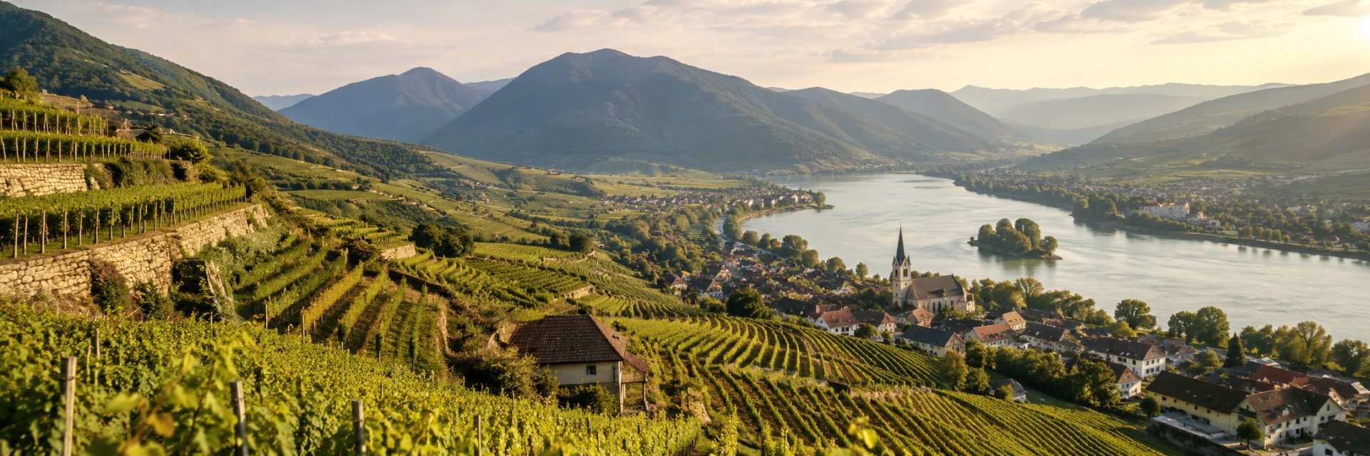 Viñedos de Austria en terrazas junto al Danubio, colinas y pueblos históricos