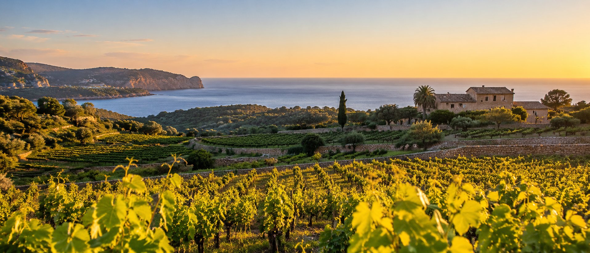 Viñedos mediterráneos de Baleares con muros de piedra, almendros, mar y copa de vino