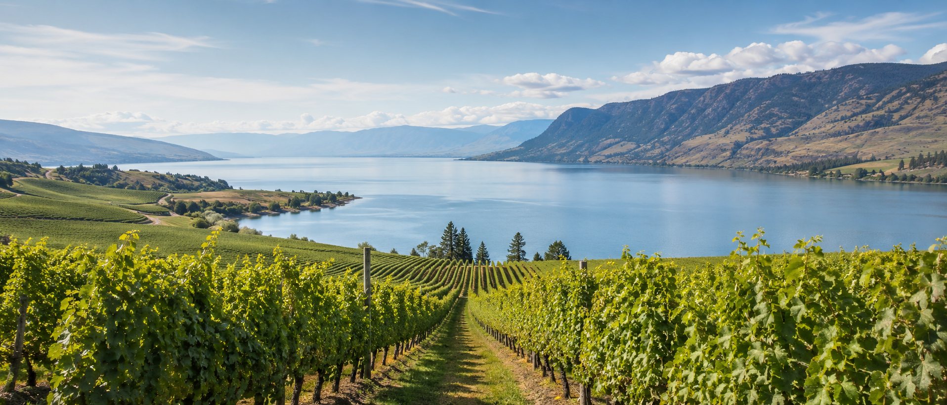 Paisaje vitivinícola de Canadá con viñedos junto a lagos, colinas, bosques y montañas