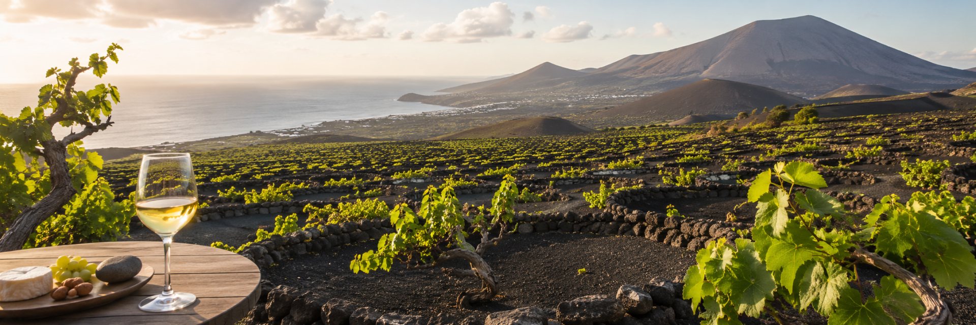 Viñedos volcánicos de Canarias con cepas entre lava, montañas, océano Atlántico y una copa de vino