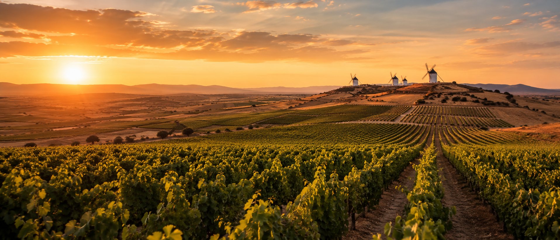 Viñedos de Castilla-La Mancha con paisaje de meseta, molinos, cepas en vaso y copa de vino
