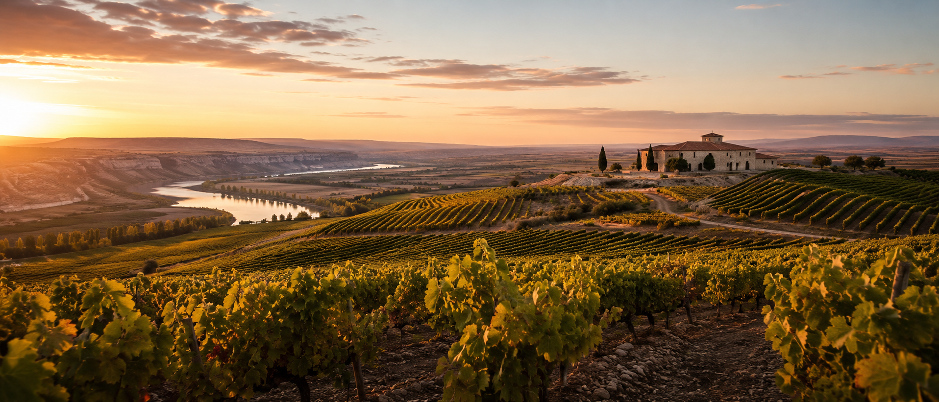Vinos de Castilla y León con viñedos de interior, copa de vino y paisaje de meseta