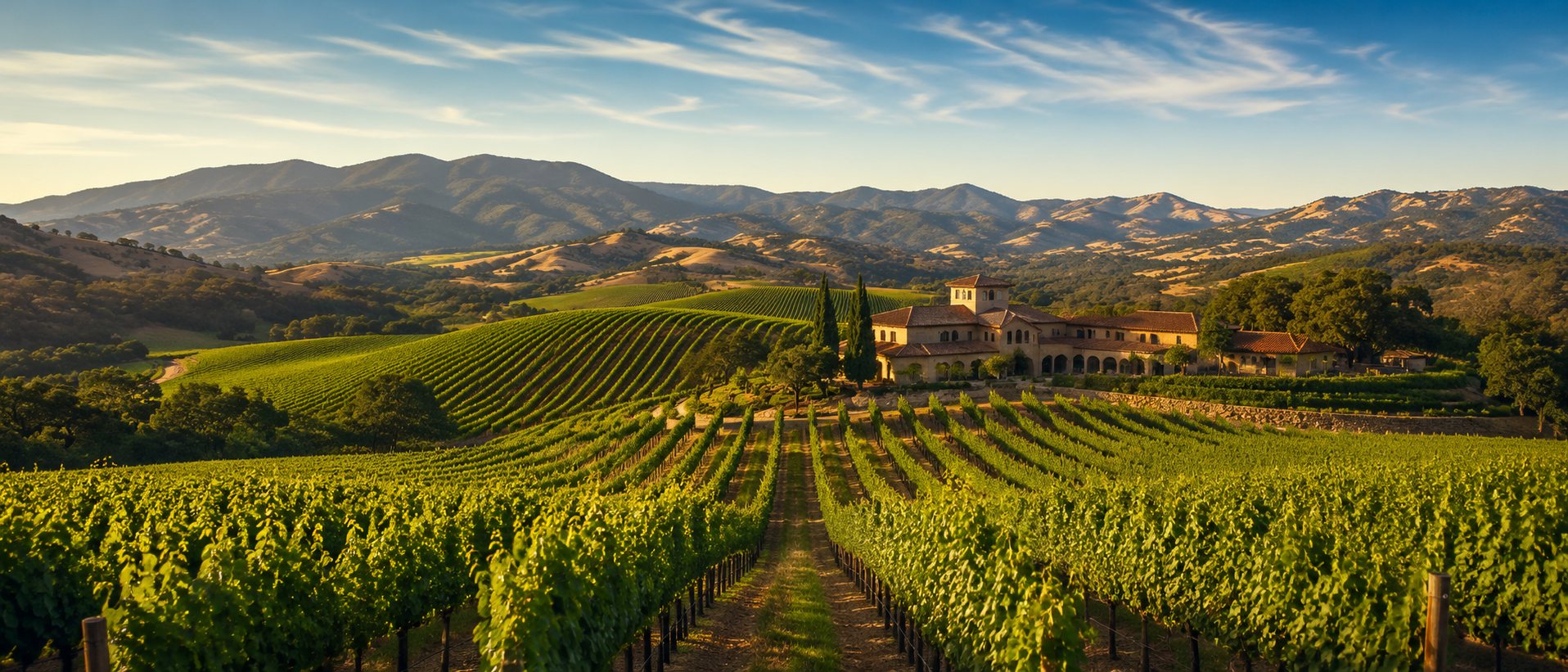 Gran paisaje vitivinícola de Estados Unidos con viñedos, montañas, costa y una bodega