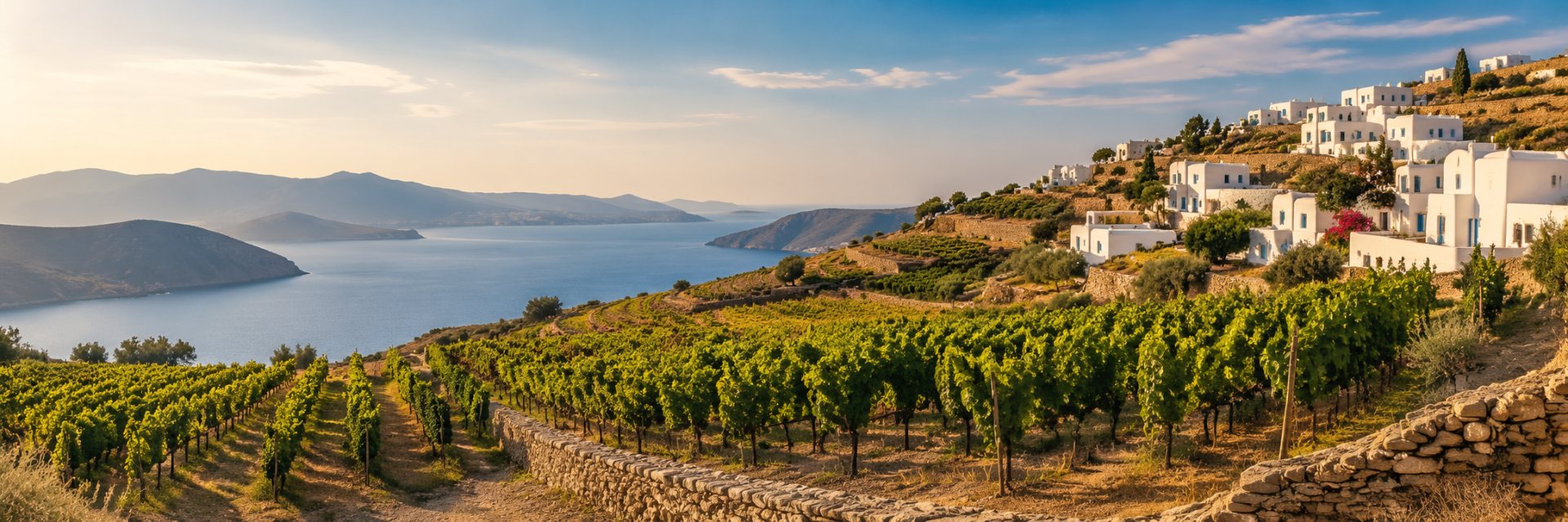 Viñedos de Grecia entre montañas, terrazas, islas del Egeo y pueblos blancos