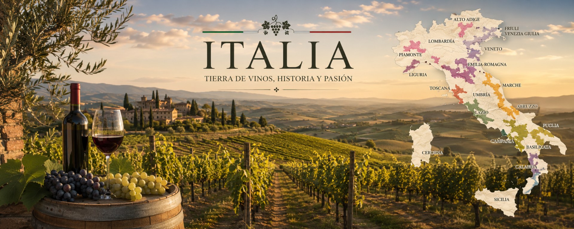 Paisajes vitivinícolas de Italia con colinas, pueblos, viñedos, montañas e islas mediterráneas