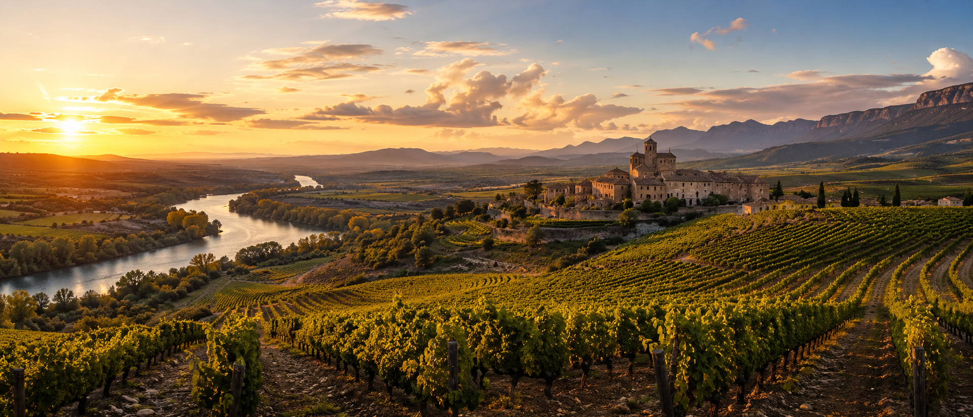 Viñedos de La Rioja junto al Ebro con pueblos, bodegas y montañas al fondo
