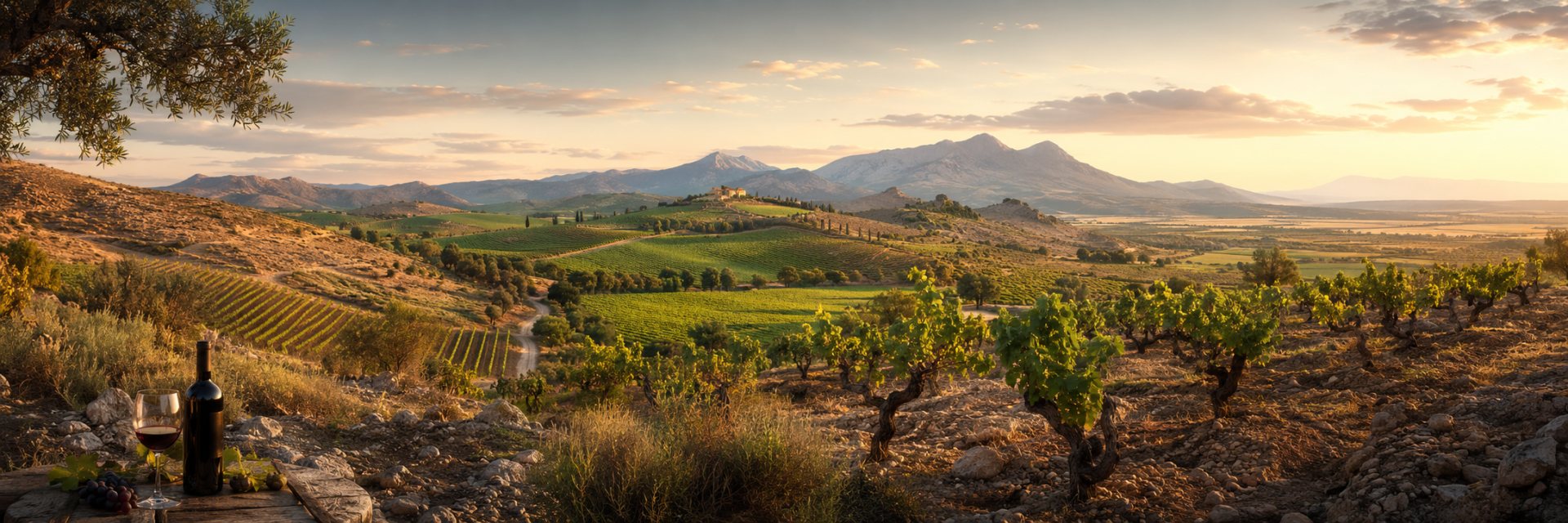 Paisaje de viñedos de Murcia, Navarra, Madrid y Extremadura con Monastrell, Garnacha, llanuras, sierras y copas de vino