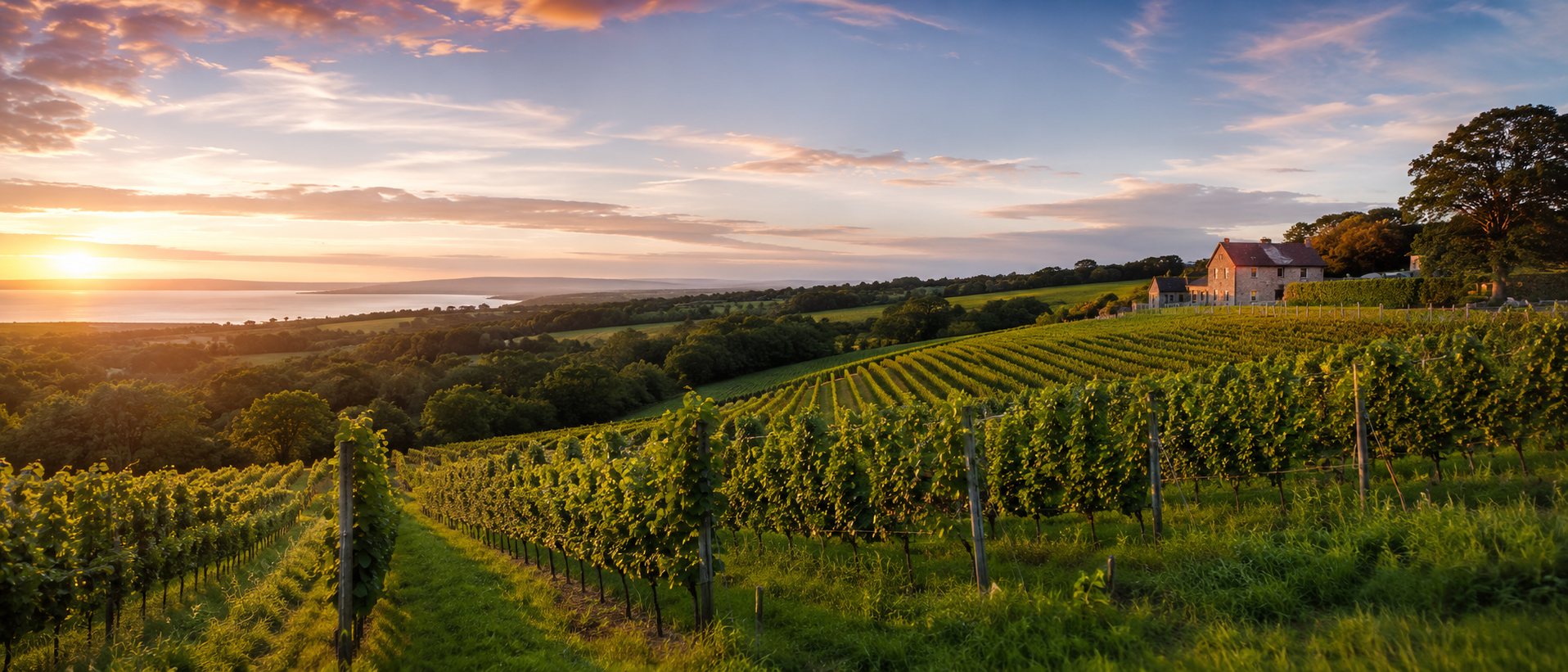 Viñedos del sur de Inglaterra entre colinas verdes, suelos de tiza y una bodega rural