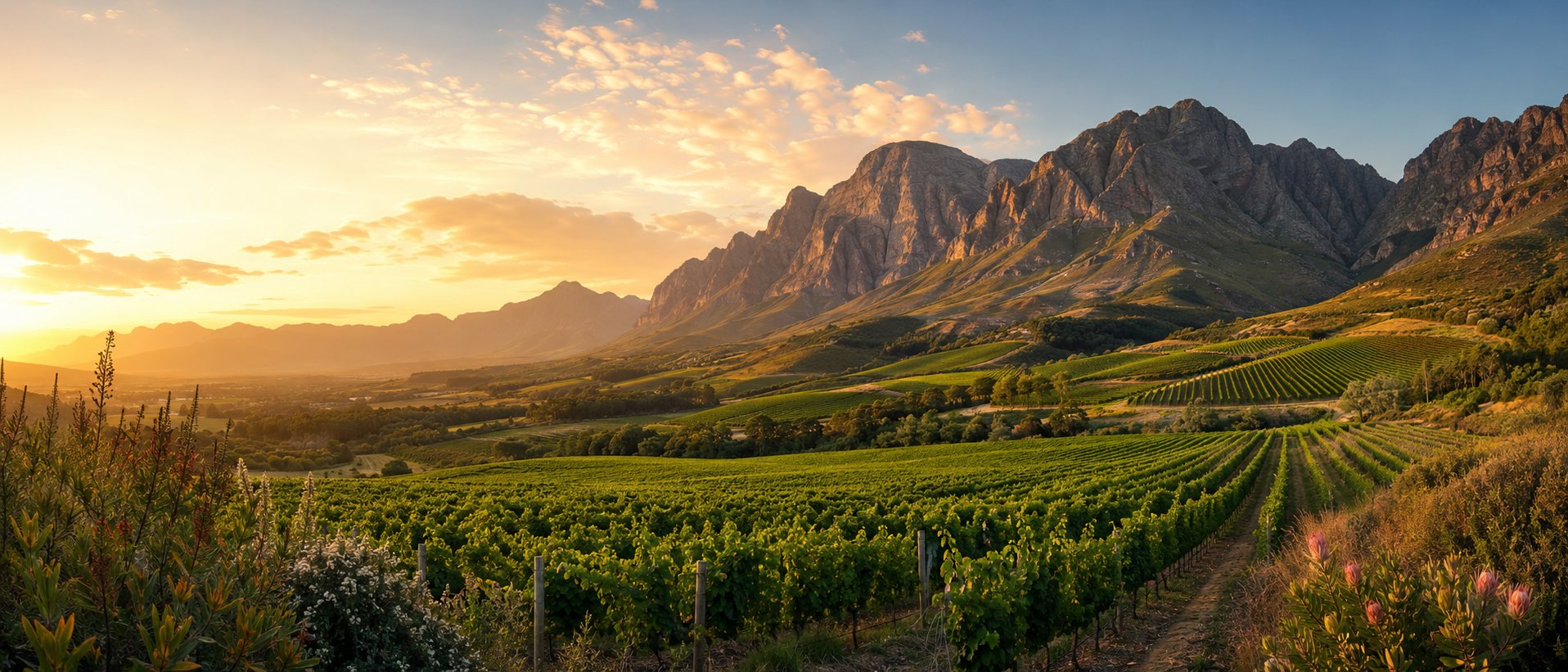 Viñedos sudafricanos entre montañas del Cabo y vegetación de fynbos