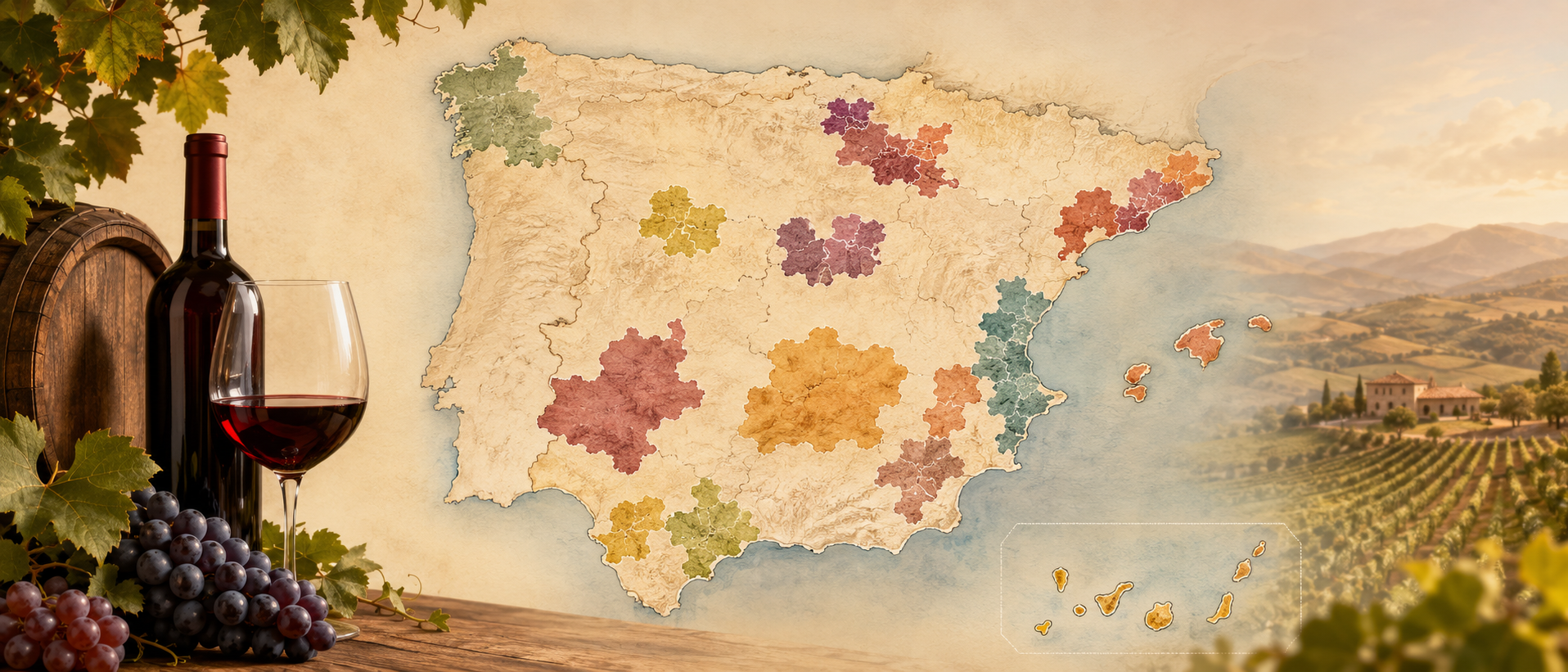 Paisajes de viñedo de España con costa, meseta, montaña, islas y una copa de vino