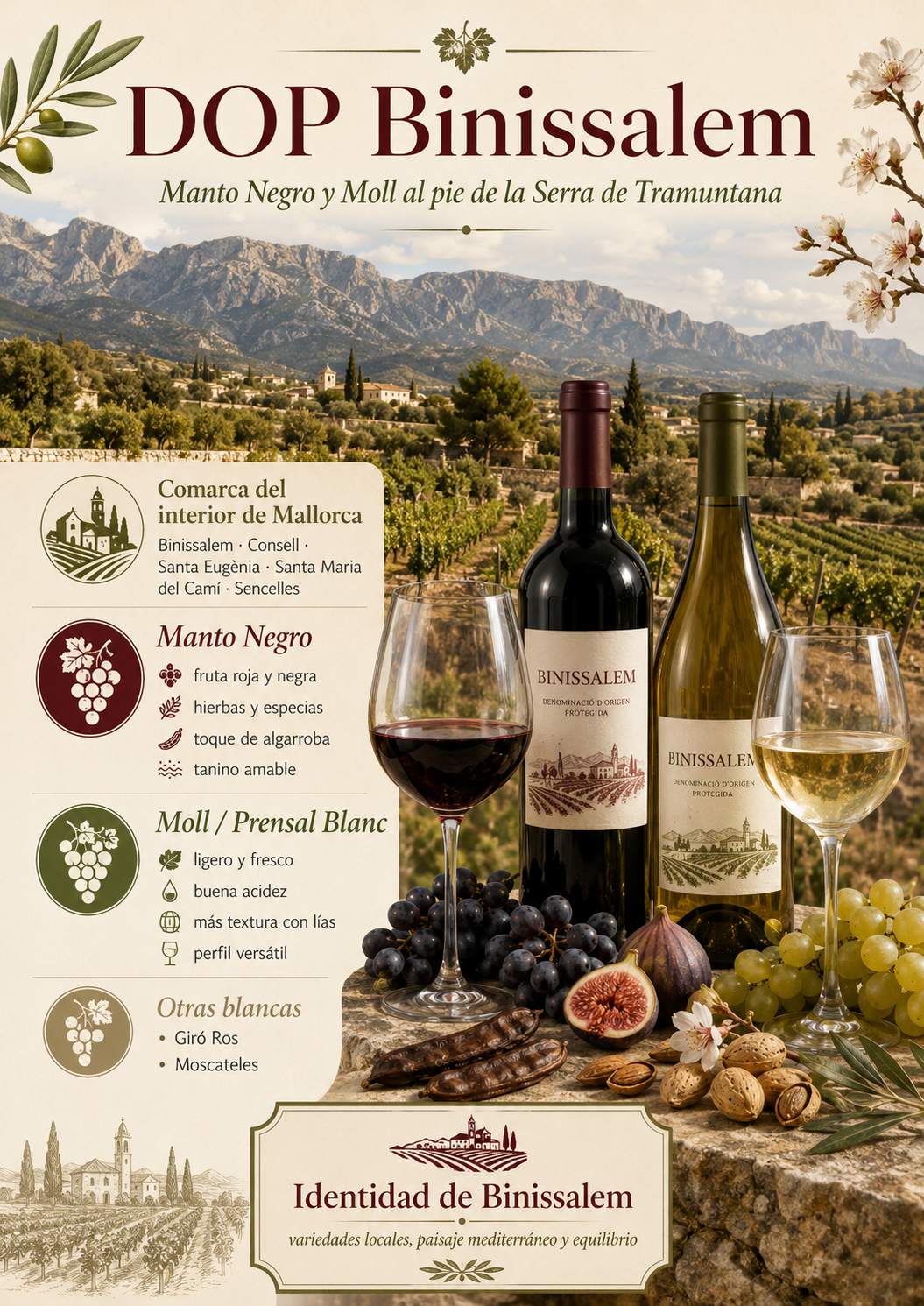 Viñedos de Binissalem con Manto Negro y Moll, suelos pedregosos y la Serra de Tramuntana al fondo