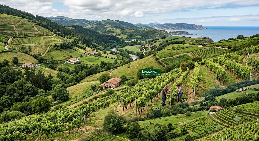 Viñedos de Bizkaiko Txakolina entre caseríos, colinas verdes y paisaje atlántico