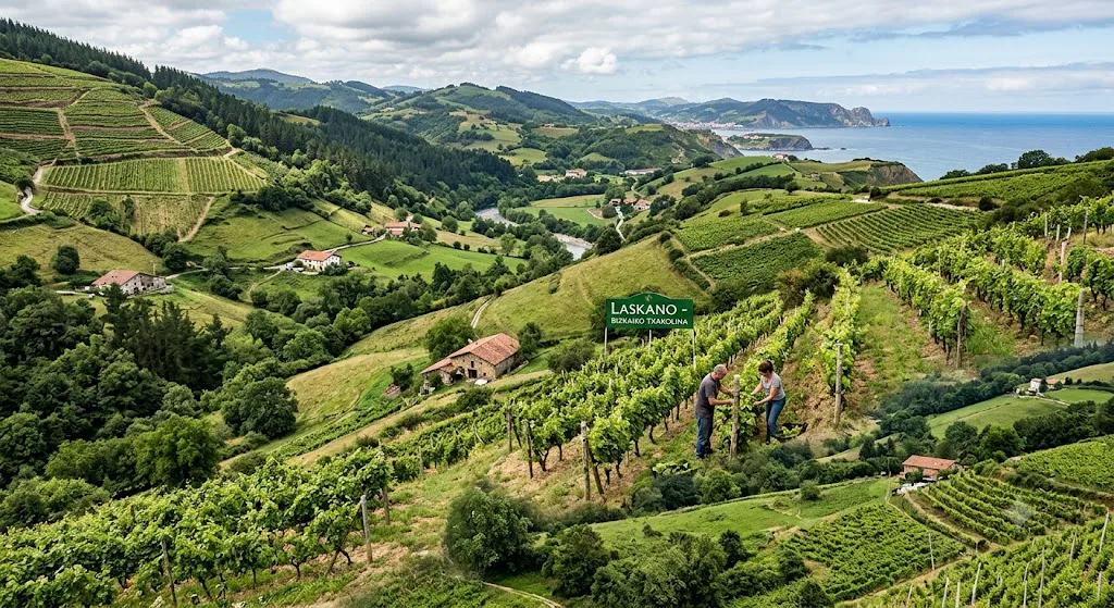 Viñedos de Bizkaiko Txakolina entre caseríos, colinas verdes y paisaje atlántico