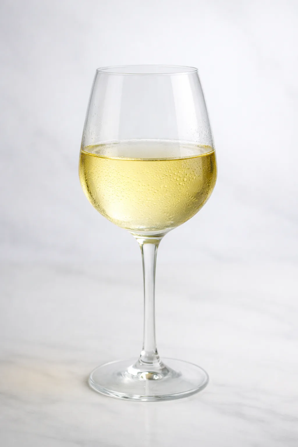 Cantidad correcta de vino blanco servida en copa, por debajo del punto más ancho del cáliz para conservar aromas y frescor