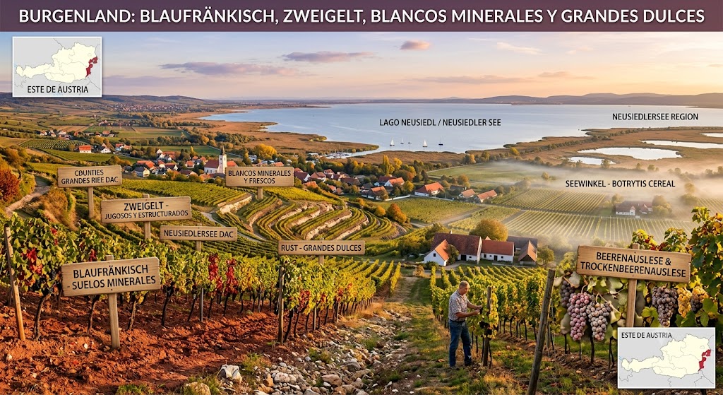 Viñedos de Burgenland junto al lago Neusiedl con colinas y humedales